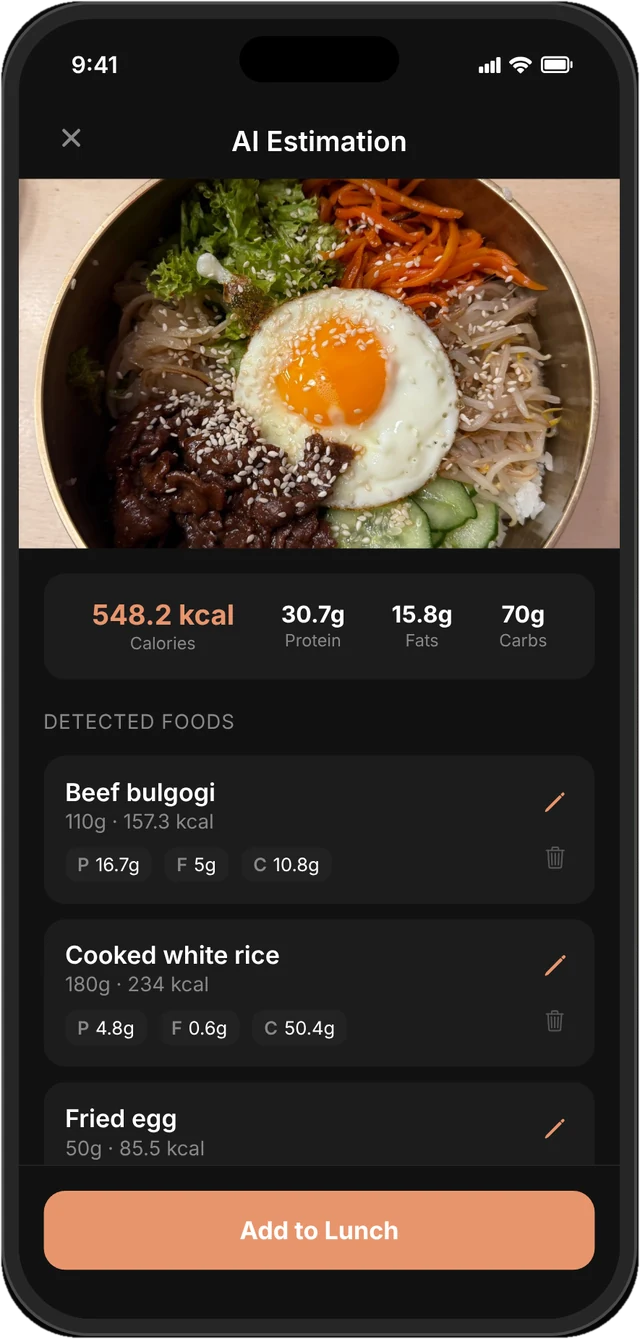 Calzone estimating a photo of bibimbap at 548 kcal, with protein, fats and carbs